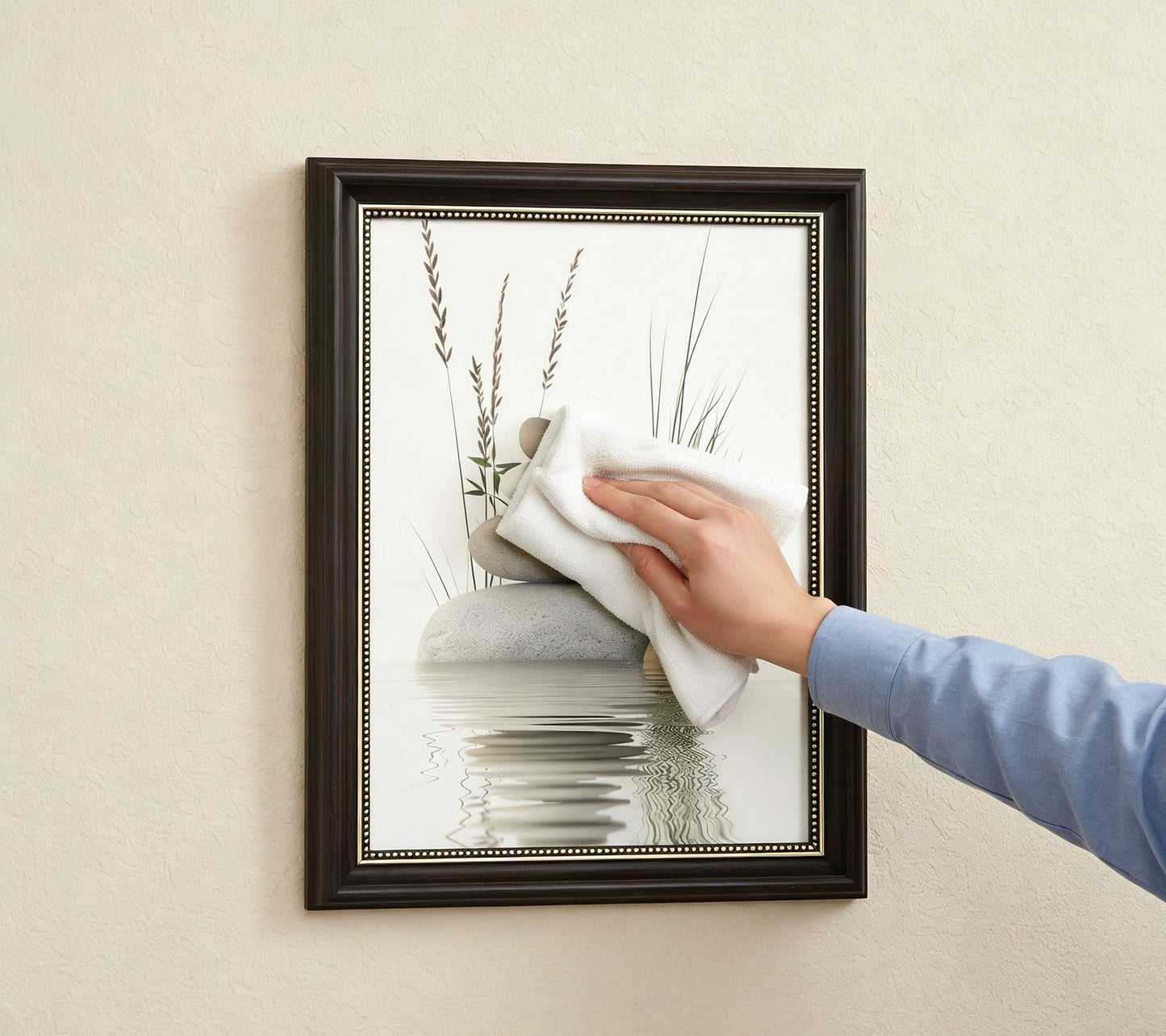Dark Brown Framed Zen Stone Canvas Wall Art, Stacked Stones in Water Poster Print Artwork, Black White Bathroom Painting Picture Wall Decor, for Spa, Yoga, Meditation Room, Home Decoration, 12x16in