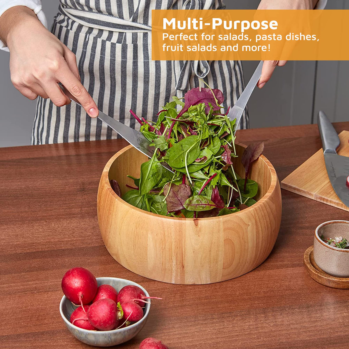 Jean-Patrique Large Wooden Salad Bowl & Serving Utensils - 10 inch Bowl, Spoon & Fork for Pasta, Cereal, Salad or Fruit