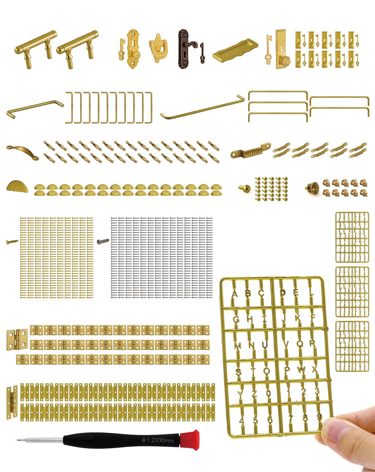 iland 1/12 Scale Dollhouse Accessories, 700+ PCS Miniature Hardware Kit: 20 Kinds Mini Knobs, Hinges, Handles & Locks w/Screws, Miniature Building Supplies for Dollhouse Door Window and Craft Project