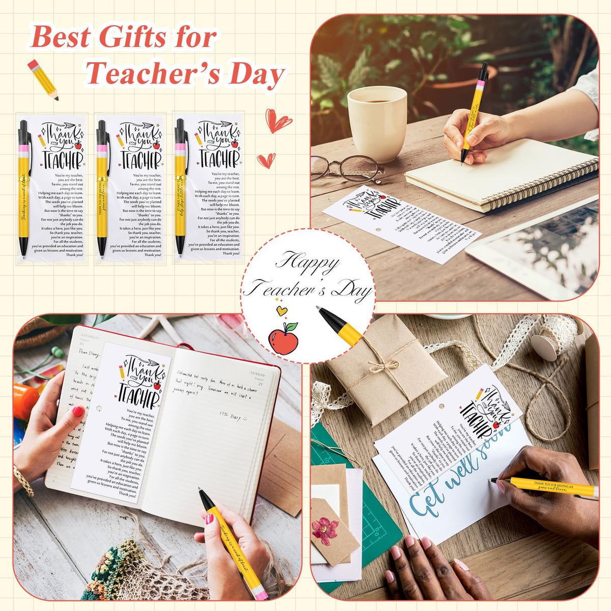Sayglossy Teacher Appreciation Gifts Bulk Thank You Teacher Ballpoint Pens Cards and Bags Ties Small Inspirational End of School Gifts for Graduation Classroom Supplies(12 Sets)