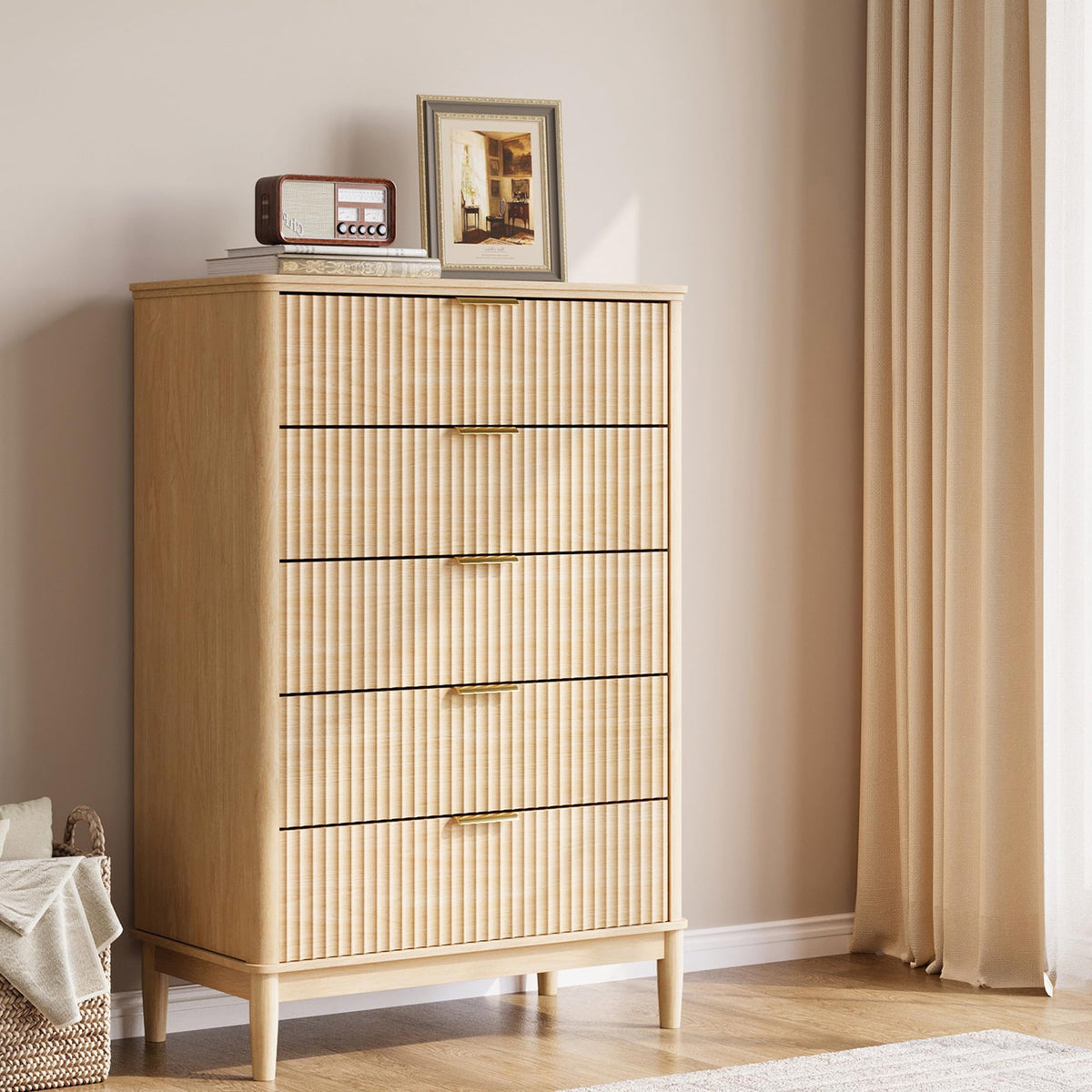 LINSY Fluted 5 Drawer Dresser for Bedroom, 46" Tall Mid-Century Modern Chest of Drawers, Deep Storage Dresser with Curved Corner Design, Large Accent Wood Cabinet for Bedroom, Oak