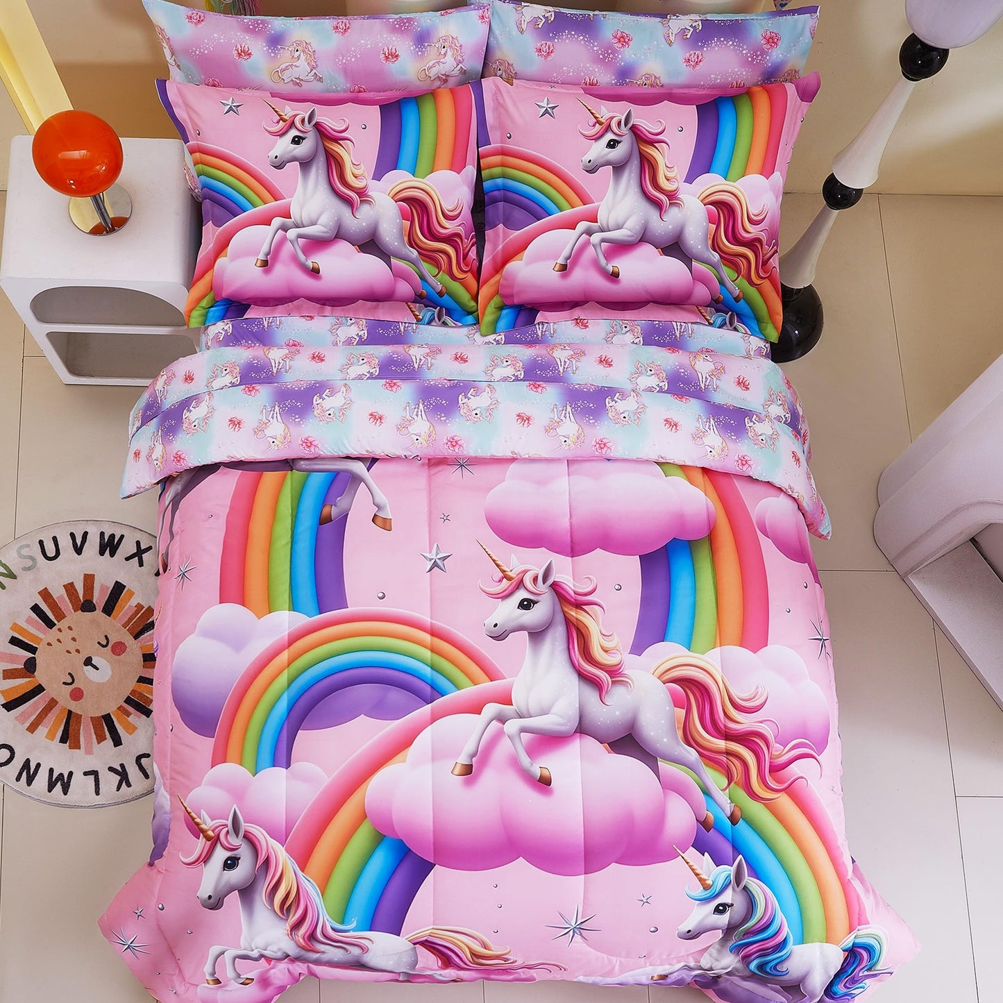 Viviland Kids Twin Bedding Sets for Girls, Soft Twin Comforter Set with Sheets, 5 Pieces Microfiber Bed in a Bag, White Unicorn Pink Cloud Rainbow