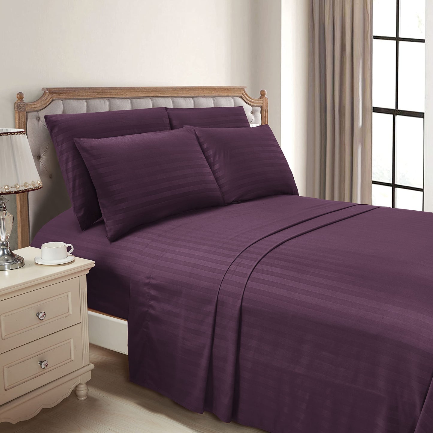 Mocassi Queen Stripe Sheet Set - Luxury Hotel 1800 Premier Bedding Sheets & Pillowcases - Ultra Soft Breathable & Cooling Bed Sheets - Wrinkle Resistant - 6 Piece Set - Queen, Purple