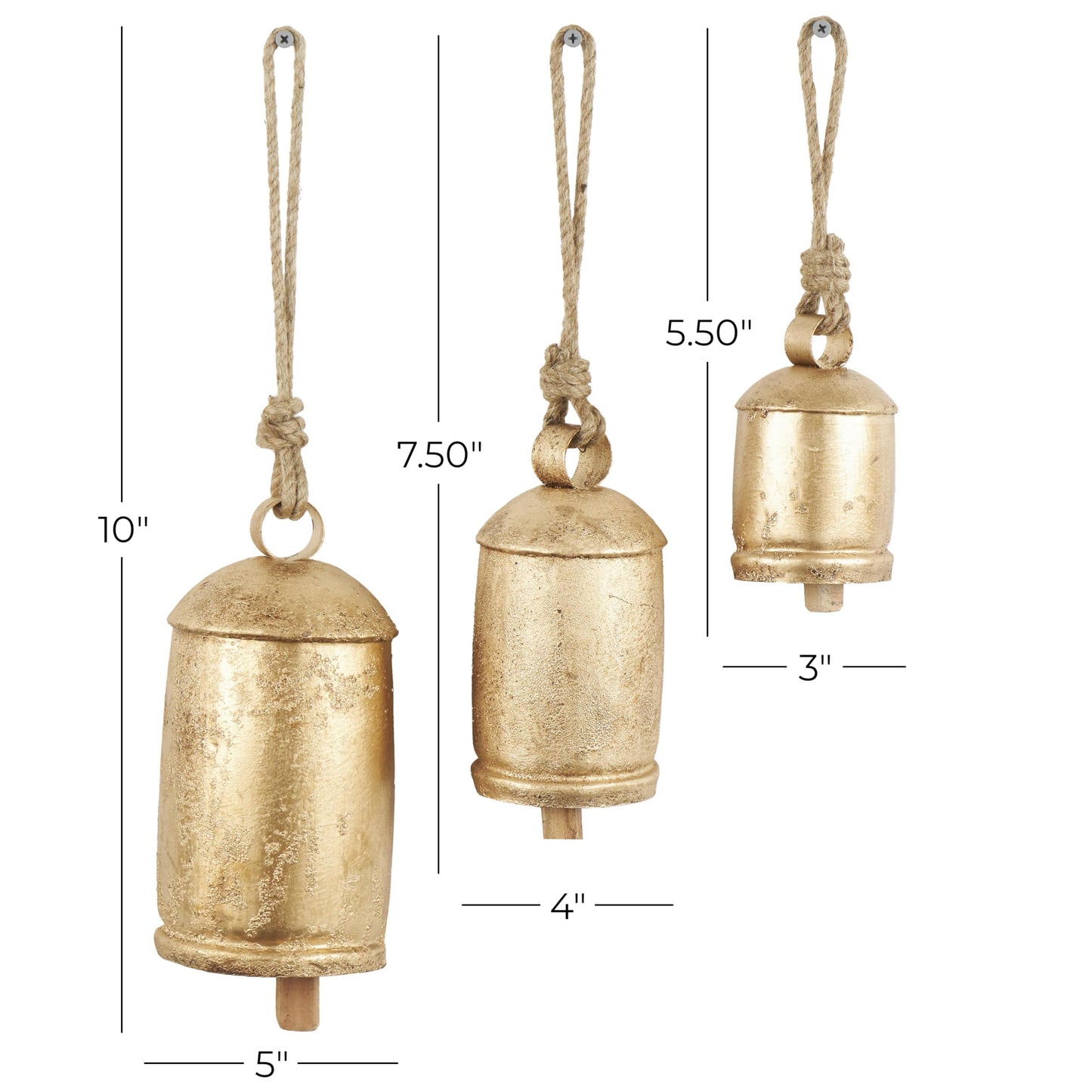 Deco 79 Gold Metal Tibetan Inspired Decorative Giant XL Cow Bells with Jute Hanging Rope, Set of 3 10",8",6"H - Cylindrical