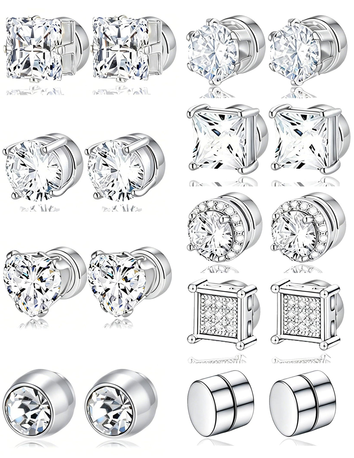 Ofeiyaa Magnetic Stud Earrings Stainless Steel Non-piercing CZ Heart Round Square Triangle Halo Earrings for Men Women Fake Clip on Stud Earring Jewelry Set for Sensitive Ears Silver Tone 6MM 8MM