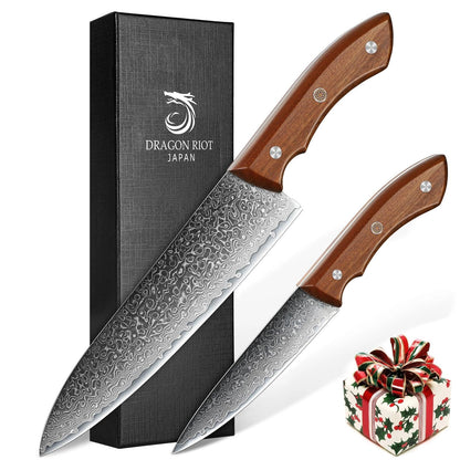 DRAGON RIOT Damascus Chef Knife Set, 2pcs VG10 Professional Kitchen Knife Set, Ultra Sharp Blade & Ergonomic Wooden Handle, Full Tang Forged Damascus Steel Kitchen Cooking Knife Set with Gift Box
