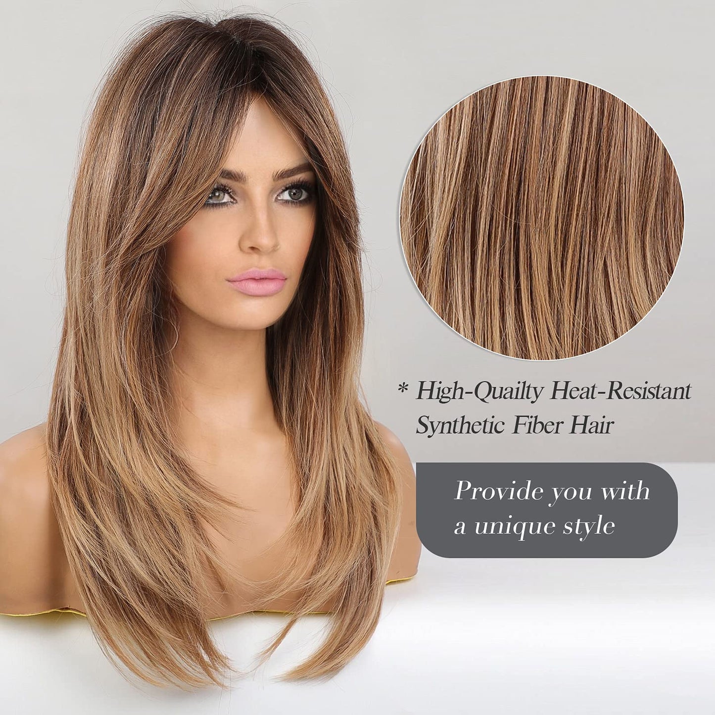 HAIRCUBE Long Wigs for Women, Ombre Brown to Blonde Synthetic Layered Hair Wig with Dark Roots