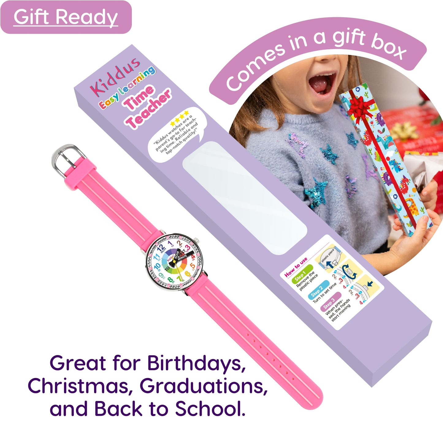 Kiddus Educational Watches for Girls. Children Watch to Learn Time. Analogue First Watch for Kids from 5 Years Old. Time Teacher Exercices Included