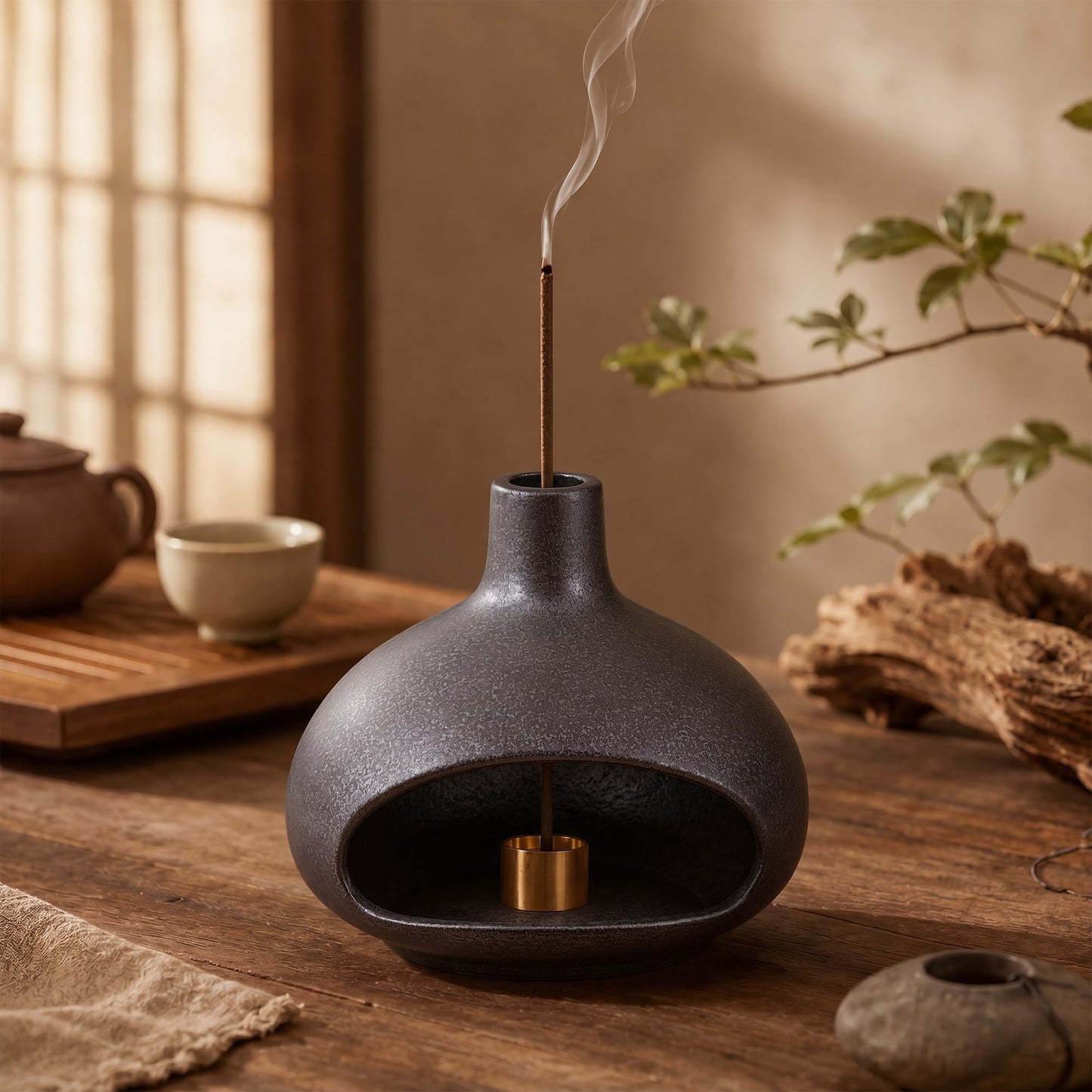 TimberAura Palo Santo Holder, Mini Ceramic Chiminea Incense Burner for Sage, Cones and Sticks, Small Zen Decor Tabletop Ash Catcher for Yoga and Meditation Room (Black)