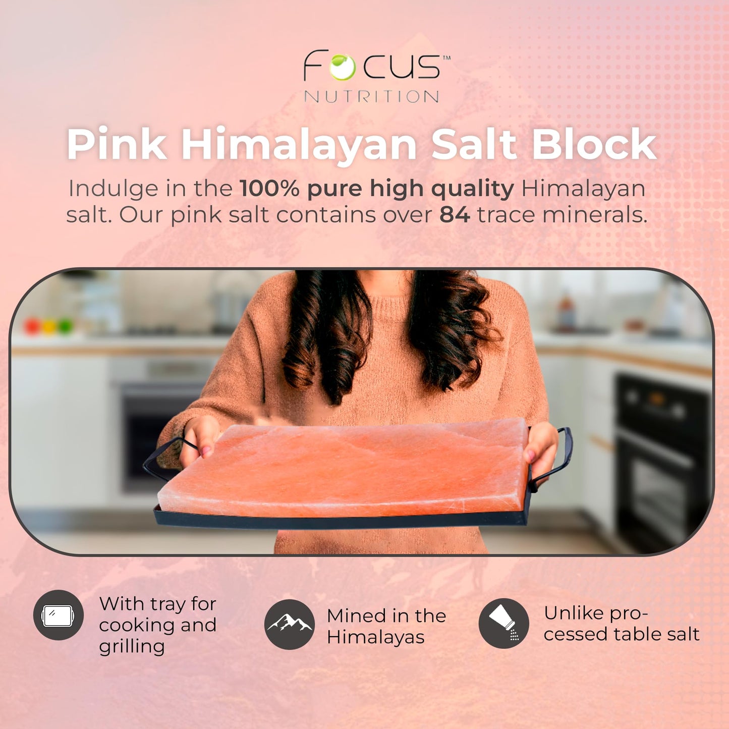 FOCUS NUTRITION Pink Himalayan Salt Block With Tray - Salt Stone For Grilling, Cooking, Serving | 100% Pure Salt Slab | Unique Gifts for Cooks | Food Grade