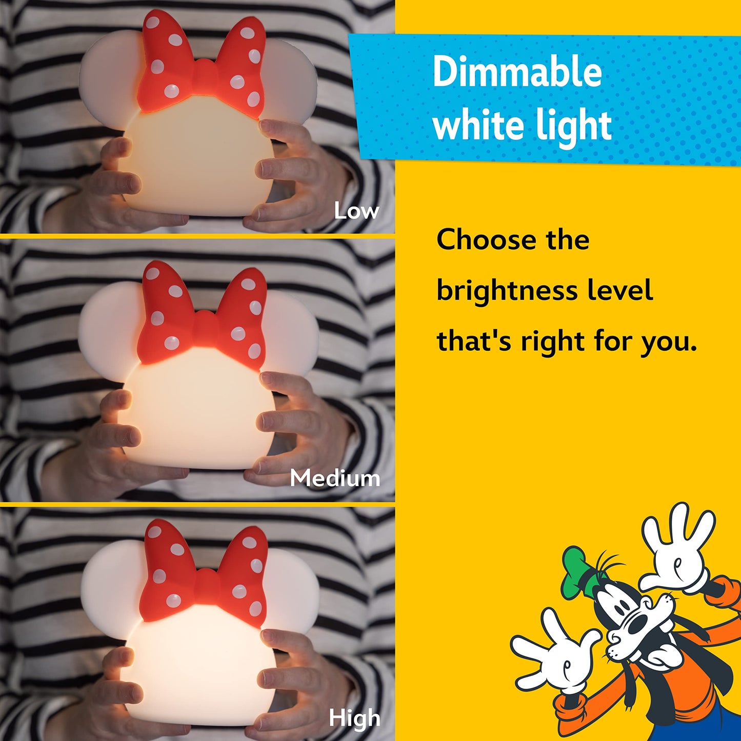 Disney Minnie Mouse Squishy Light, Color Changing, Night Light for Kids, USB Lamp, Battery Operated, Dimmable, Ideal for Bedroom, Playroom, Living Room, and More, 66945