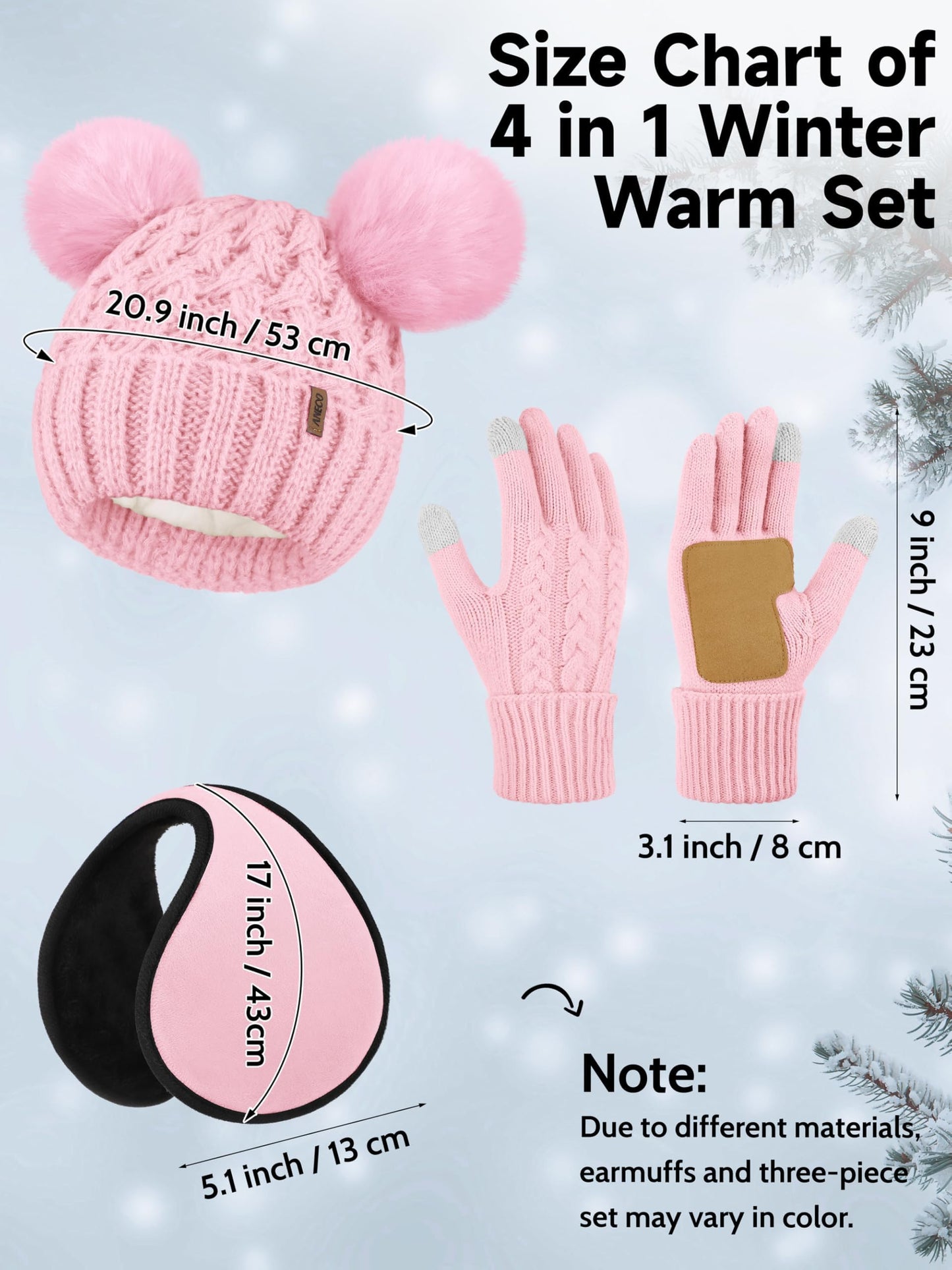 Aneco Winter Beanie Hat Scarf Gloves Ear Warmer Set for Women Fleece Lined Pom Pom Beanie Touchscreen Gloves 4 in 1 Set Pink