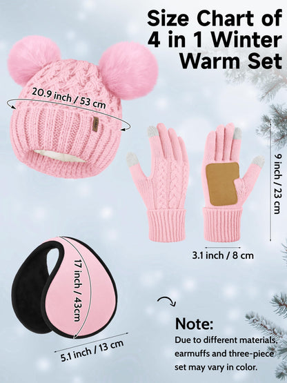 Aneco Winter Beanie Hat Scarf Gloves Ear Warmer Set for Women Fleece Lined Pom Pom Beanie Touchscreen Gloves 4 in 1 Set Pink