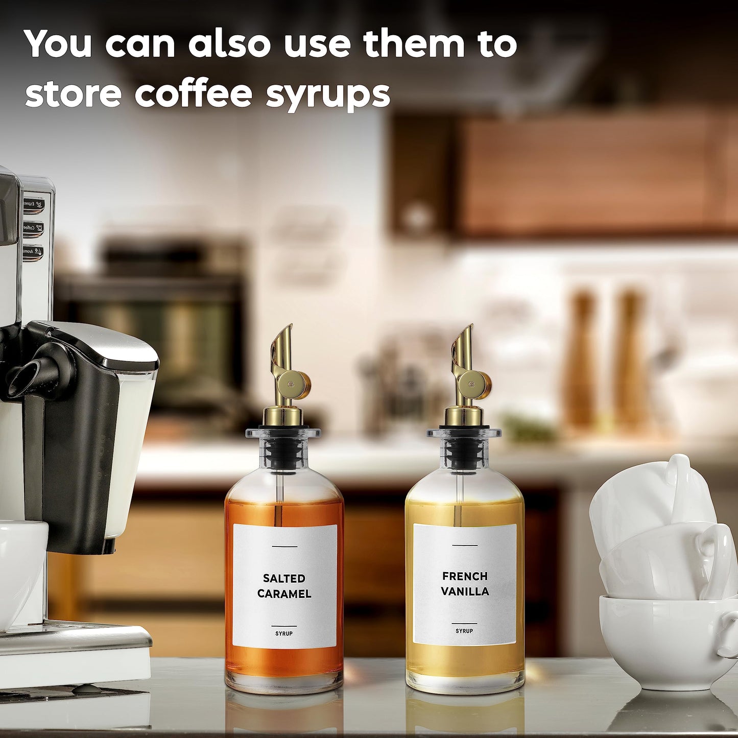 Spaceneat Olive Oil Dispenser Bottle - Includes 55 Kitchen Essential Labels - Cooking Oil Bottles for Kitchen, Coffee Syrup Dispenser - Pourer Spout with 11.8 fl oz Glass Container Cruet - 2pcs, Gold