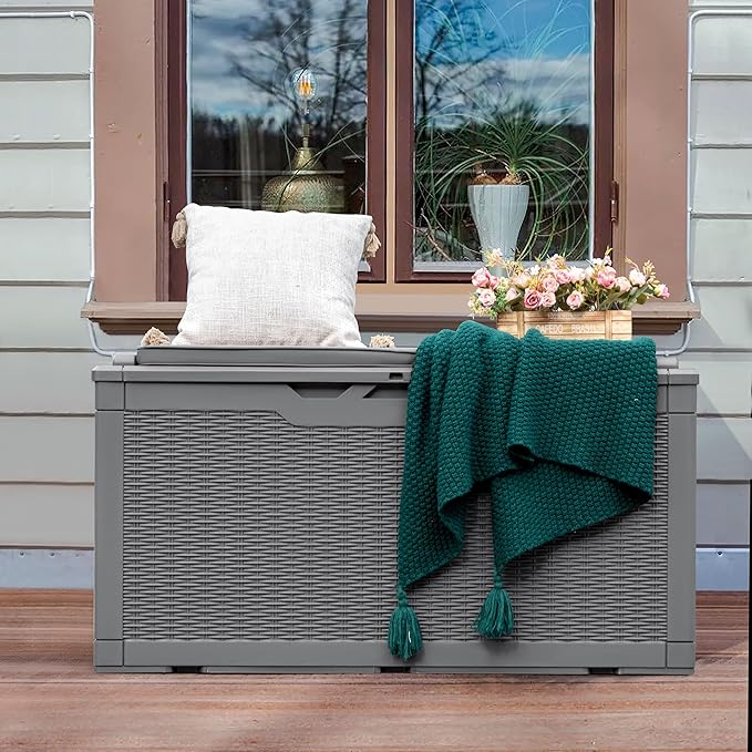 Greesum 100 Gallon Resin Deck Box Large Outdoor Storage with Cushions for Patio Furniture, Garden Tools, Pool Supplies, Weatherproof and UV Resistant, Lockable,Gray