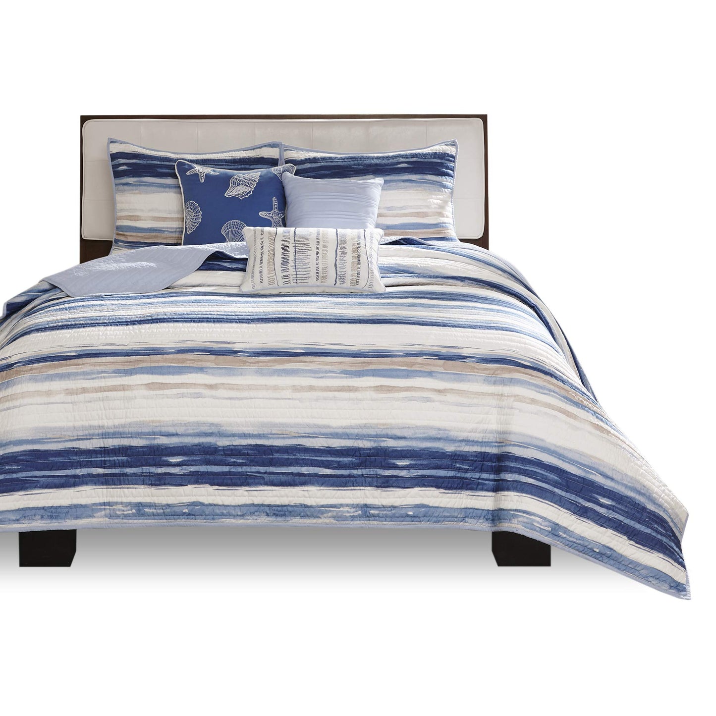 Madison Park Quilt Set Cottage Coastal Design, 6 Piece Set - All Season, Coverlet Bedspread Lightweight Bedding Layer, Shams, Toss Pillows, Full/Queen(90"x90"), Blue/White