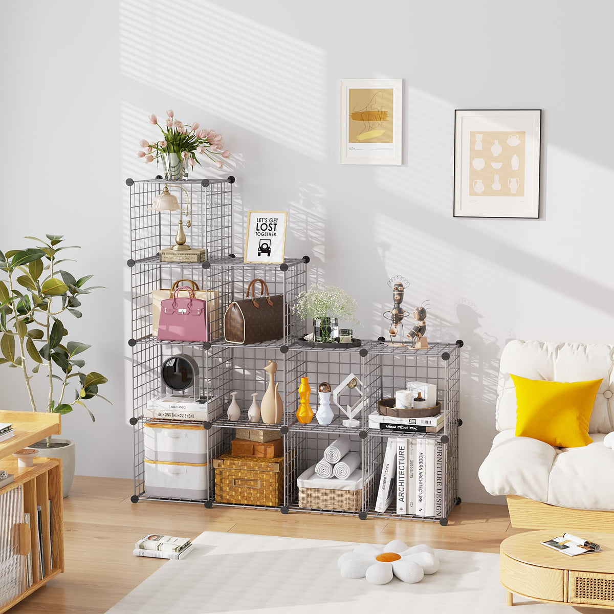 C&AHOME Wire Cube Storage, 12 - Cube Organizer Metal C Grids, Modular Shelves Units, Closet Organizer, Ideal for Home, Office, Living Room, 36.6”L x 12.4”W 48.4”H, Silver Gray UWCS3012G