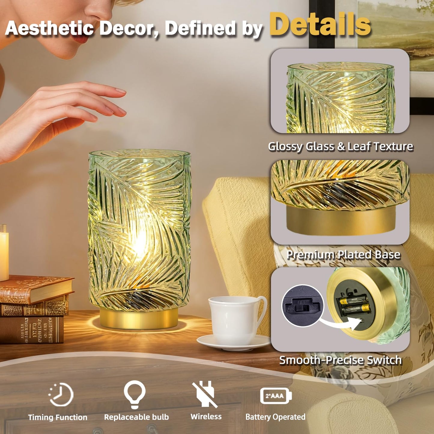 Battery Operated Table Lamp, Cordless Lamps for Home Decor, Battery Powered Nightlight with LED Bulb with Timer, Decorative Lights for Living Room Bedroom Tabletop Entryway Centerpiece Gift(Small LG)