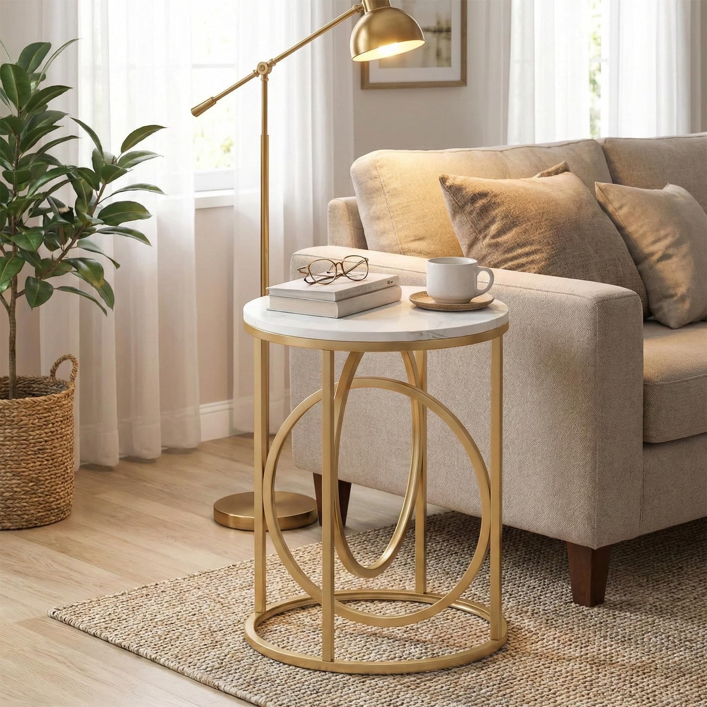 LITTLE TREE 20” Round End Table，Modern Sofa Side Table with Gold O-Shaped Base, Faux Marble White Cocktail Table Accent Table Nightstand for Living Room Bedroom, 2PCS