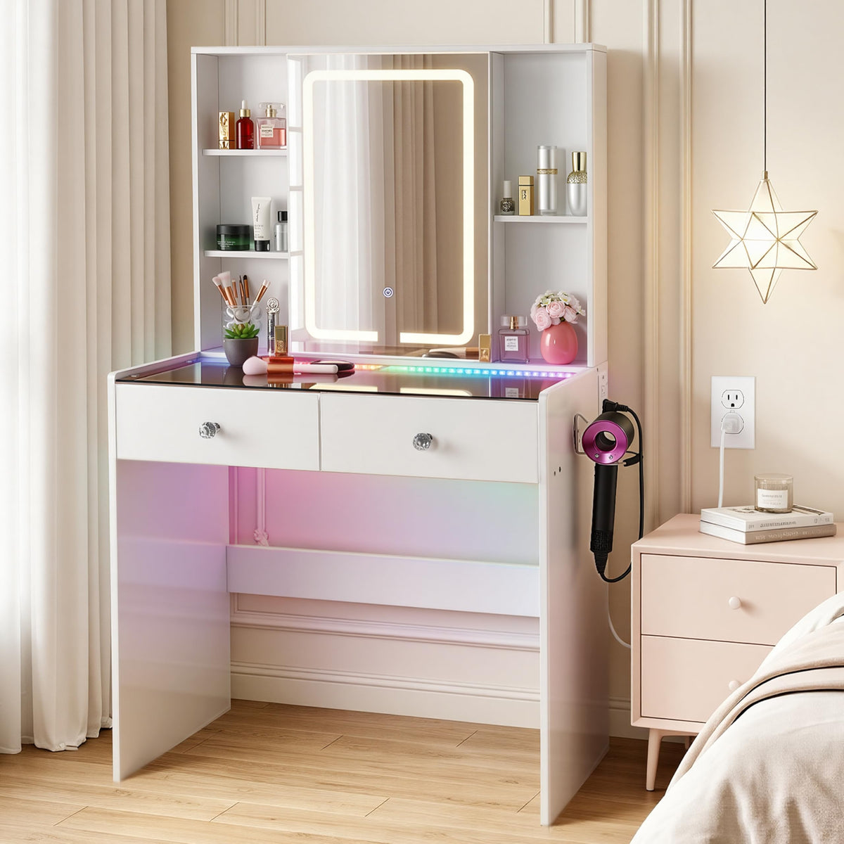 Cielozen Makeup Vanity Desk with LED Mirror & RGB Lights, Glass Top Vanity Table for Women, Adjustable Brightness & 3 Color Modes, 2 Drawers Storage, White Modern Bedroom Vanity Set