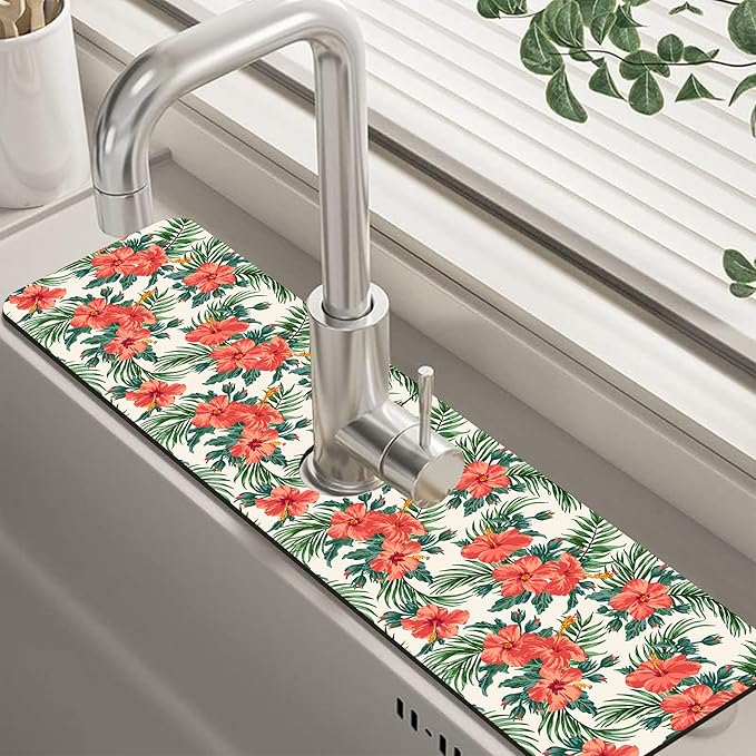 Tropical Leaves and Red Floral Kitchen Sink Splash Guard Mat Absorbent Fast