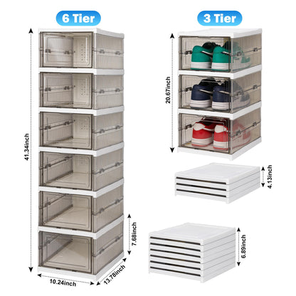 LQCHETOU Shoe Storage Box, No-Assembly 3 Tiers Foldable Shoe Organizer with Clear Door, Space-saving Shoe Rack，Sturdy Clear Plastic Stackable Sneaker Containe, Foldable shoe rack (grey, 3-Tier)