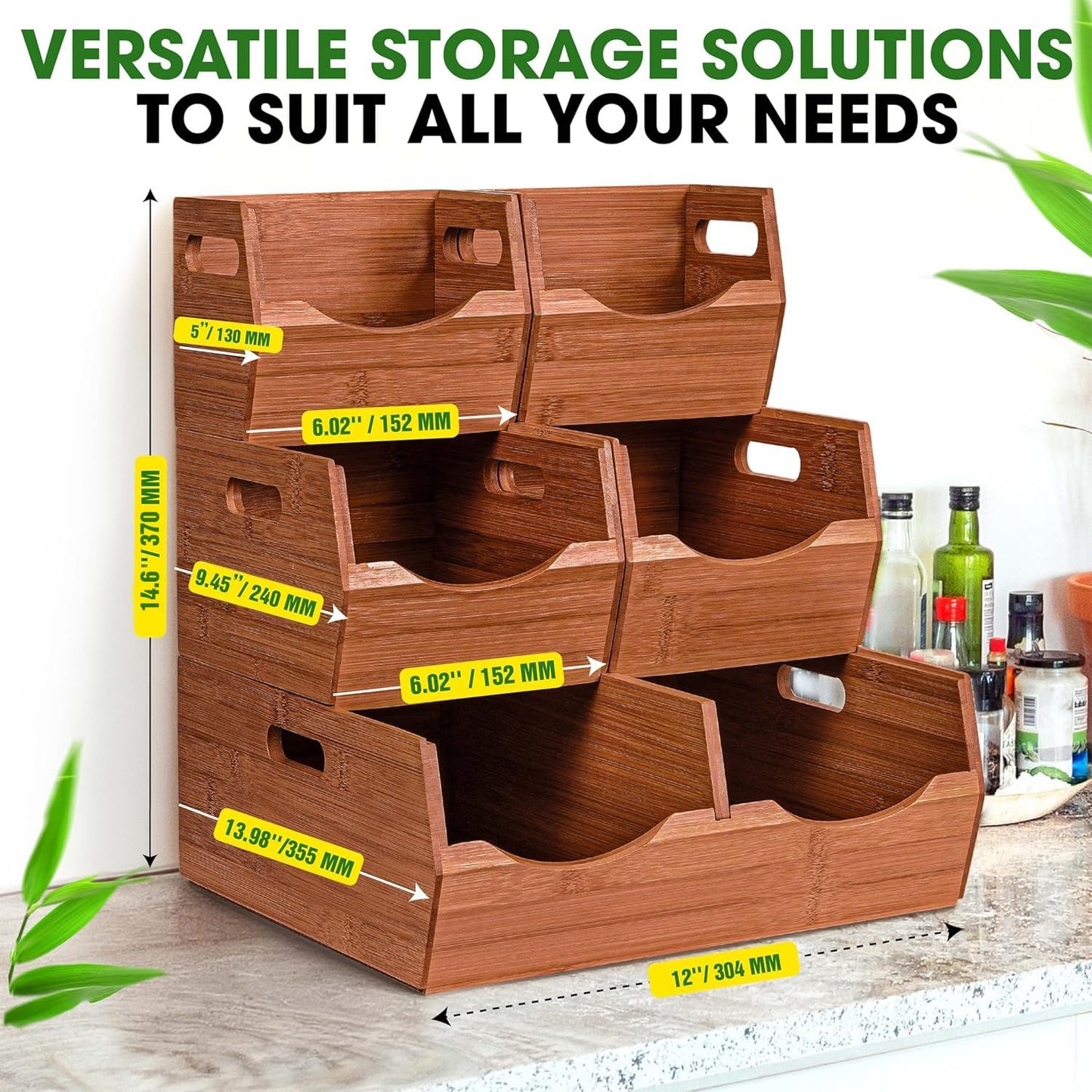 [Upgraded] 3-tier Stackable Bamboo Pantry Storage Bins, Potato and Onion Storage Baskets with Handles, Removable Divider, Pantry Organizer Holder for Kitchen, Office, Cabinet, Fruit Storage (Walnut)
