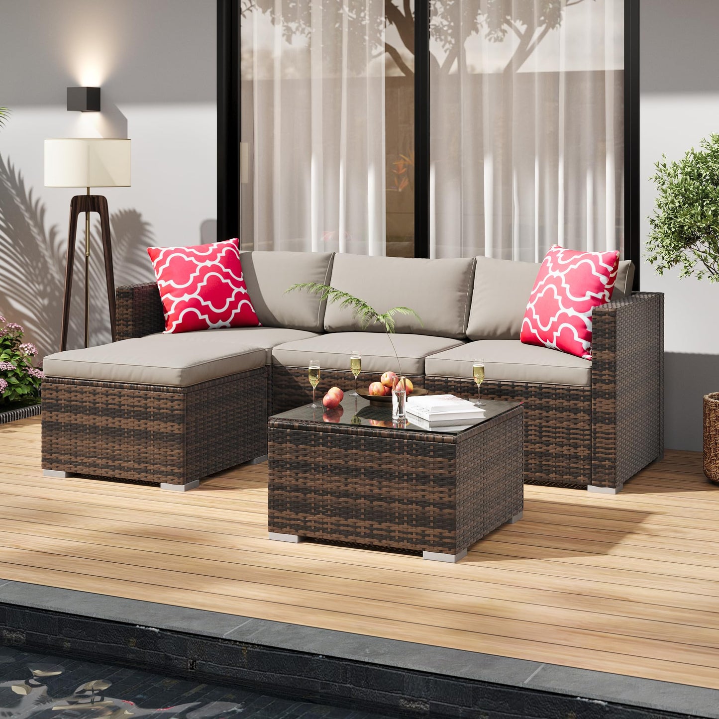 MilleLoom 5-Piece Outdoor Sectional Sofa Set, All-Weather PE Rattan Patio Furniture with Ottoman & Tempered Glass Table, Convertible Garden Couch for Backyard, Porch, Poolside (Brown/Light Gray)
