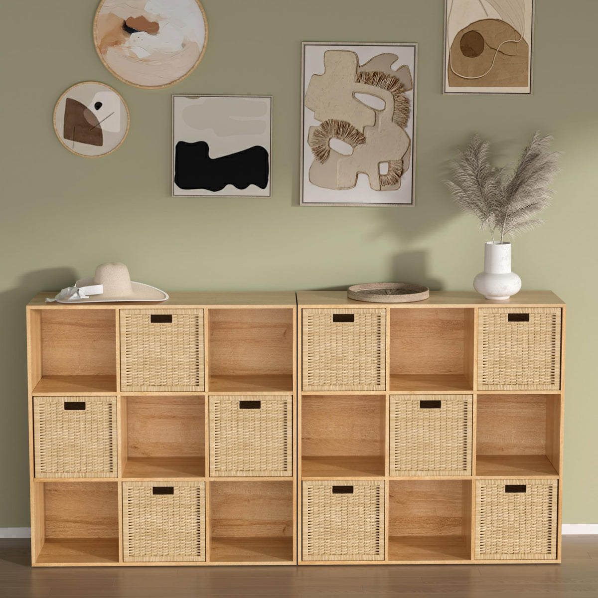 NewBeth Wooden 9 Cube Storage Organizer with Closed Back Panel,White Cube Shelf Cubby Storage Organizer with Compartments for Living,Bookshelf, Easy to Install (Oak, 9 Cube-11in)