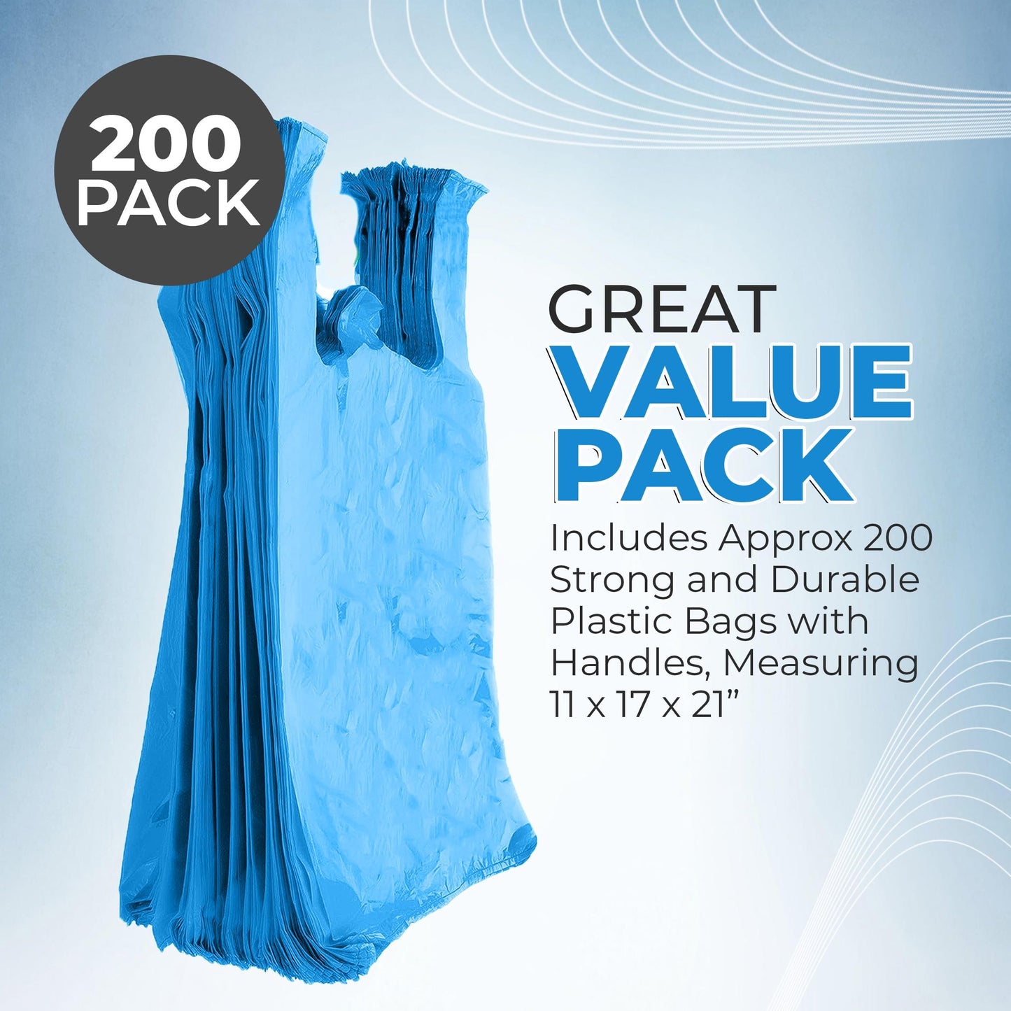 FERRIS | 200pk Strong Large Vest Carrier Bags with Handles | Multi-Purpose Heavy Duty Plastic Bags 11 x 17 x 21 | Use for Shopping, Market-Stalls, Takeaway, Groceries or General use in Kitchen (Blue)