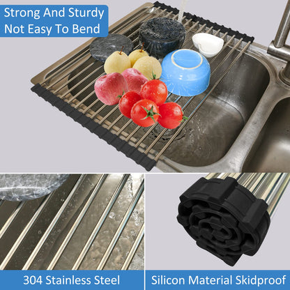 Ahyuan Black Stainless Steel Over-Sink Dish Drying Rack Roll-Up, Multipurpose Kitchen Dish Rack, Portable Rolling Dish Drainer for Kitchen Sink, RV Accessories (17.7''X11.2'')