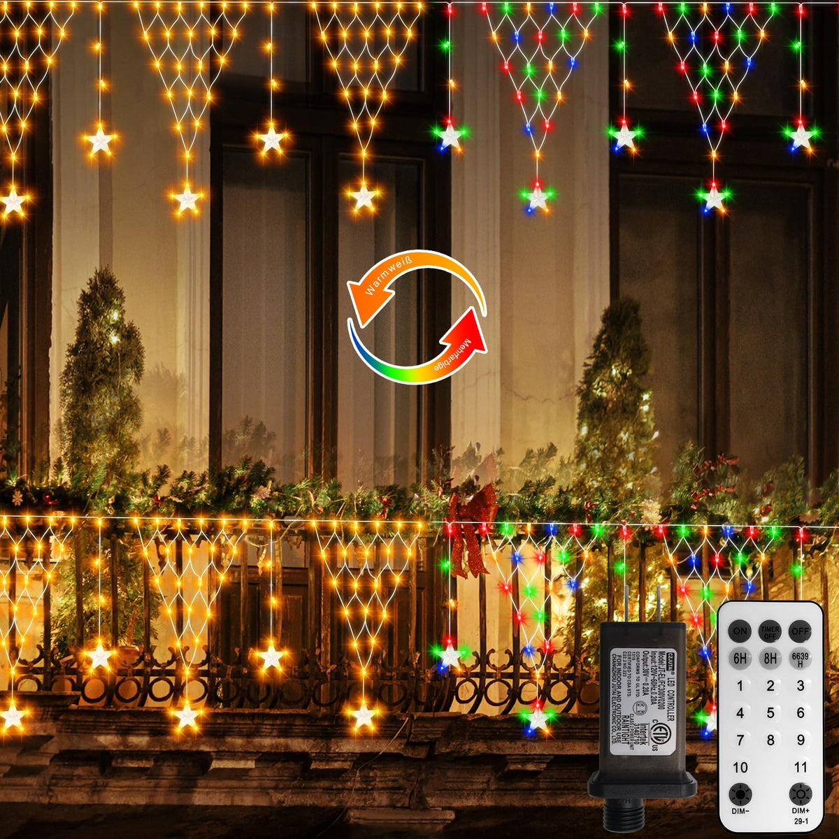 DBFAIRY Christmas Star Net Lights,196LED Connectable Dual Color Changing Fairy Net Lights, 13.1x1.9Ft Plug in Curtain Mesh Light Waterproof with Timer for Porch Fence Window (Warm White & Multicolor)