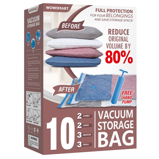 10 Space Saver Vacuum Sealed Storage Bags (2 Jumbo/2 Large/3 Medium/3 Small) with Hand Pump, Seal Bags for Clothing, Comforters, Pillows, Towel, Blanket Storage, Bedding