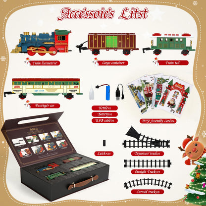 Christmas Steam Electric Train Set Gifts Box with Track, Lights, Music, Smoke, USB Rechargeable Battery,Includes Locomotive and Cars,Card Scene Setup, Under Christmas Tree, Holiday Toy for Kids Age 3+