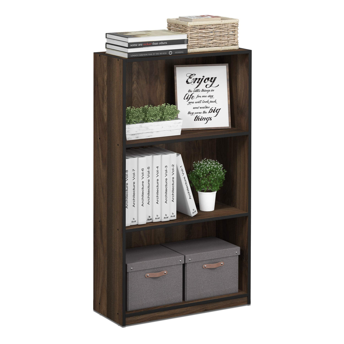 Furinno BASIC Book Shelf, 3-Tier Modern Bookshelf, Bookcase with Open Shelves, 9.3 x 21.8 x 39.5, for Living Room, Bedroom, Home Office, Columbia Walnut/Black