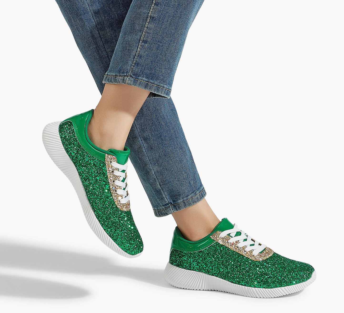 BELOS Women's Glitter Shoes Sparkly Lightweight Metallic Sequins Tennis Shoes(Green,10)
