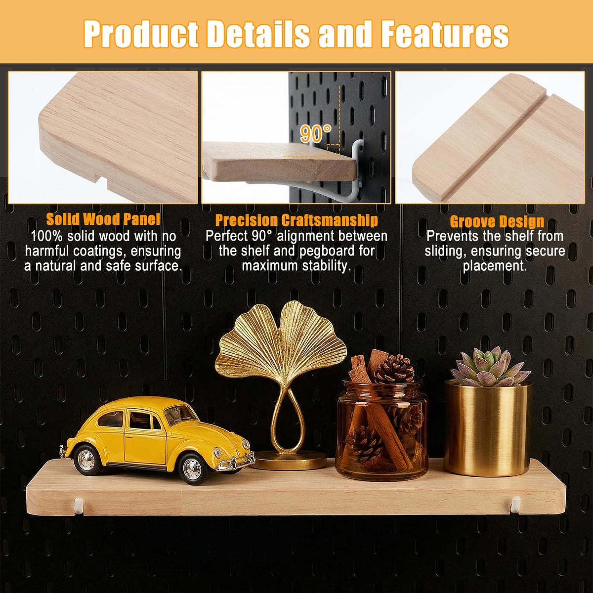 Afcabakila 2pcs Pegboard Shelf Solid Wood Wall Shelf with Hooks L11.8 *W3.9 inch pegboard Accessories pegboards Shelves Wooden peg Board Shelving for Home & Office,Crafts Room, Garage, Workbench