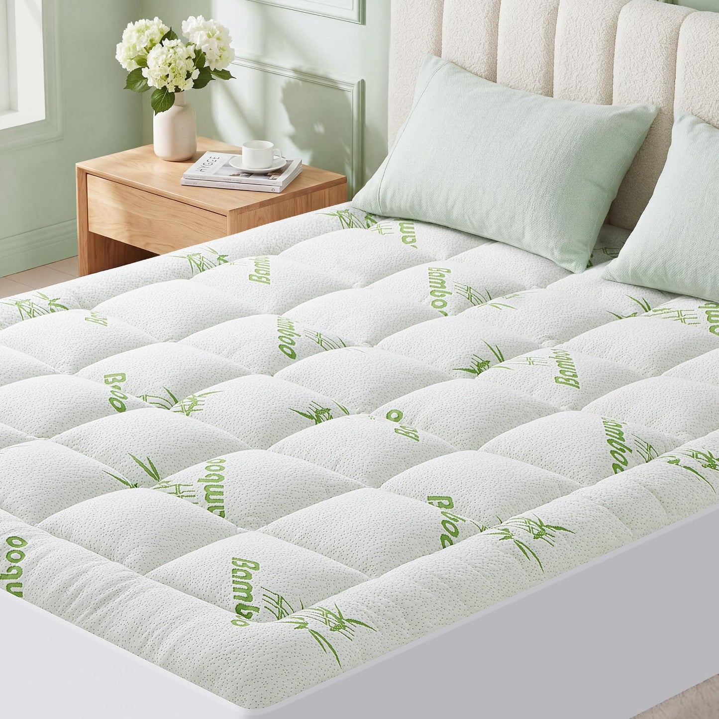 Queen Size Mattress Topper Viscose Made from Bamboo, Extra Thick Quilted Pillow Top, Naturally Cooling & Breathable for Hot Sleepers, Back Pain Relief, Deep Pocket Skirt Fits 6-18", Green