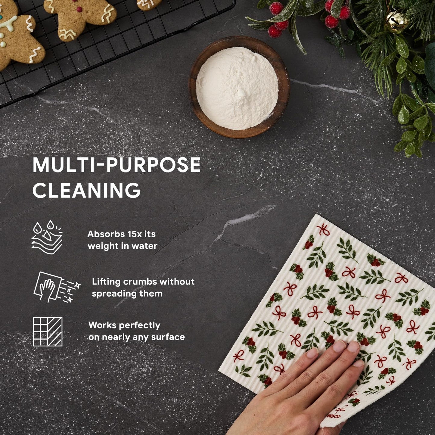 RECYCO 4 Pack Christmas Swedish Dishcloths for Kitchen | Jolly Holiday Washable Dish Towels | Cellulose Reusable Cleaning Paper Towels | Absorbent Counter Dish Cloth Sponge Kitchen Wipes, 7" x 8"