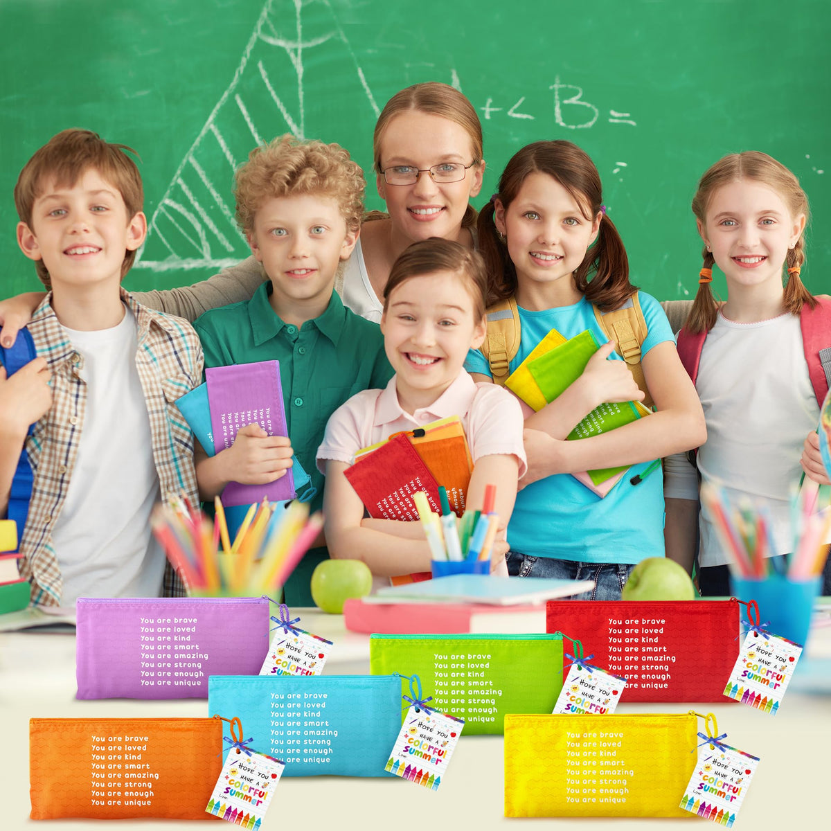 ANGOLIO 50Pcs End of Year Student Gift Includes Motivational Rainbow Pencils Pouch with Gift Inspirational Cards Hope You Have a Colorful Summer and Ribbons Stationary for Students Gifts Supplies