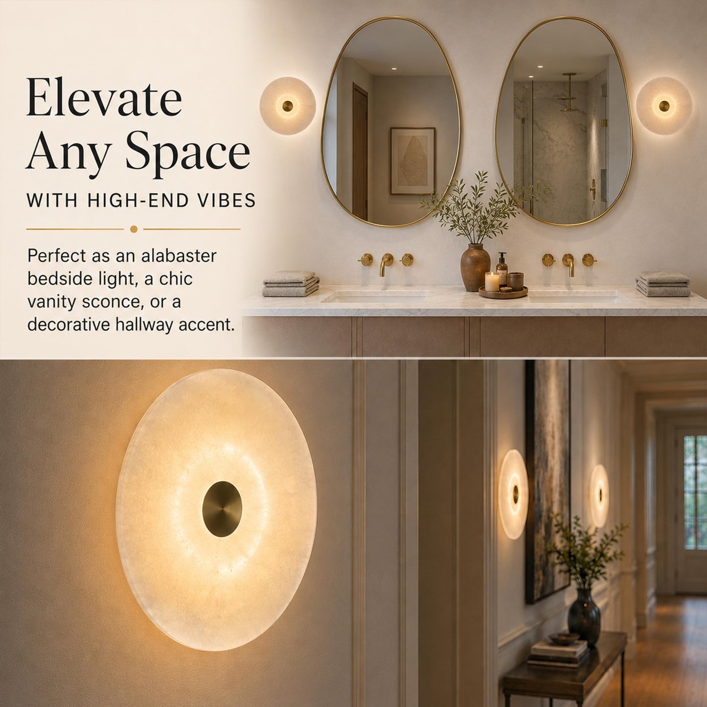 Natural Spanish Alabaster Wall Sconce, Modern Round Marble Wall Light with Unique Veins, Mid-Century Minimalist Stone Wall Lamp for Bedroom, Living Room, Hallway, Alabaster Light Fixture (Brass)