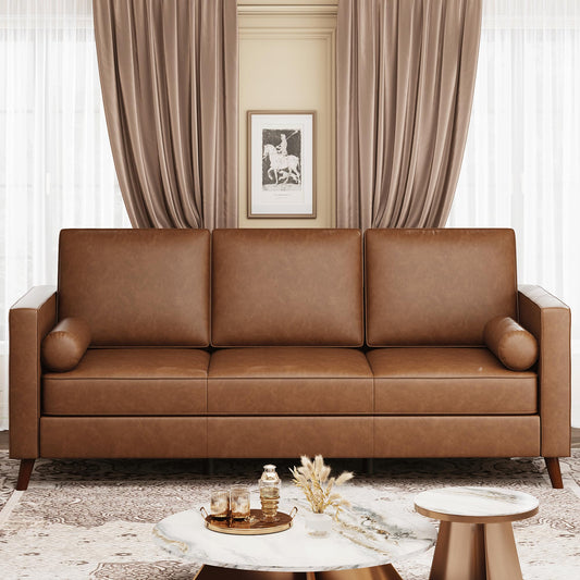 IDEALHOUSE Leather Couch 81 inch, Mid Century Modern Sofa 3 Seater with Deep Seat & Removable Cushions, Faux Leather Chesterfield Couch for Living Room, Office, Brown