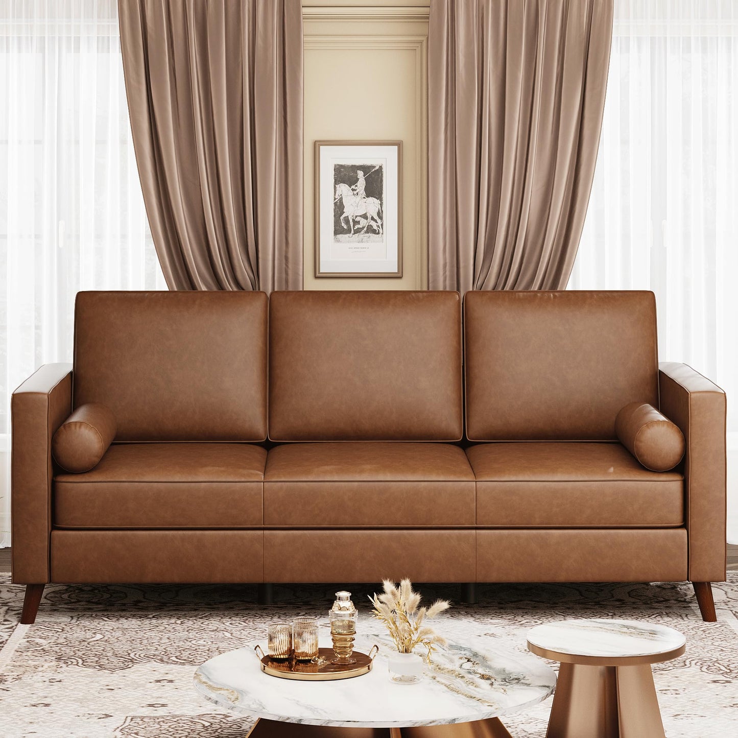 PeacefulHues 81" Leather Sofa, Mid-Century Modern Deep Seat Couch, PU Leather Couch, 3-Seat Sofa for Living Room, Office, Brown