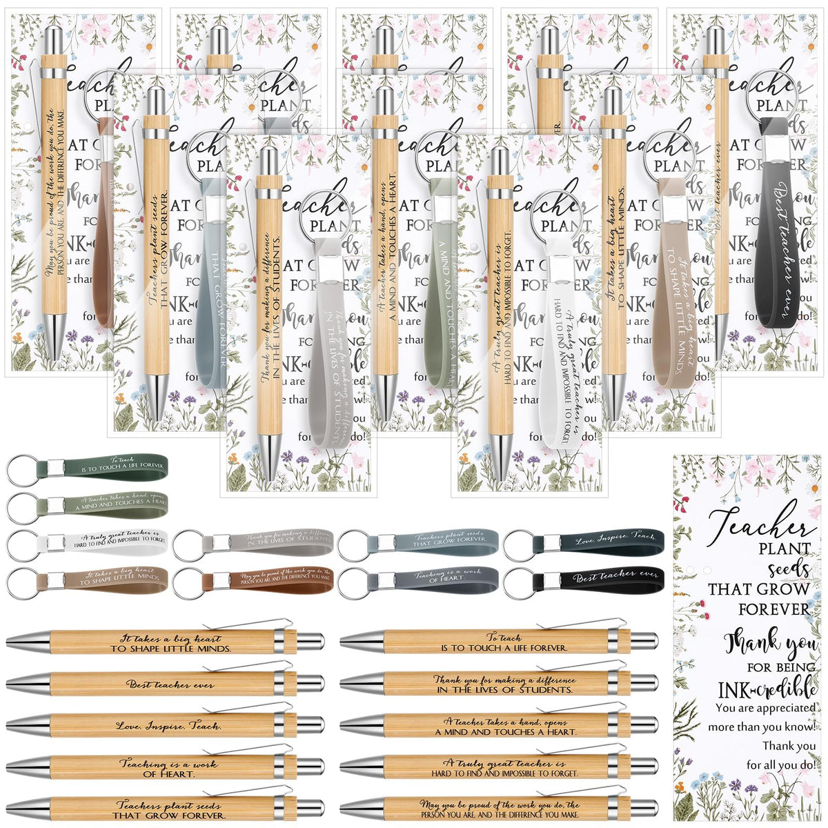 Geyoga 30 Sets Teacher Appreciation Gifts Bulk Inspirational Bamboo Pens Motivational Silicone Keychains with Thank You Cards for Employee Staff Team Teacher Appreciation Week Gifts