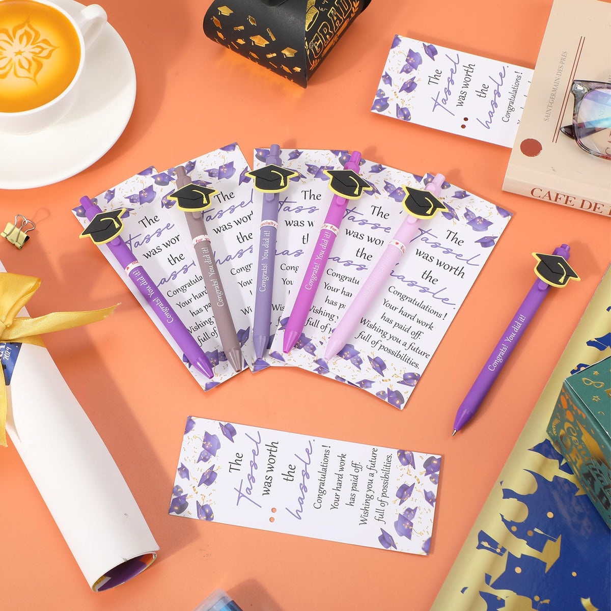 MotiMind 50 Sets Graduation Gifts Class of 2026 Bulk Graduation Party Favor Cap Ballpoint Pen With Motivational Greeting Cards Party Favors for University College Middle High School (Purple)