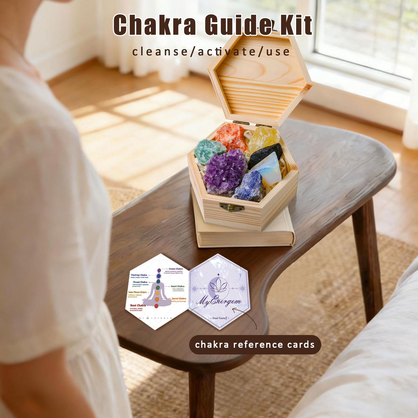 MYDAYS&DESIGN 7 Chakra Crystals Set for Meditation, Yoga Decor Gift with Amethyst Cluster, Lapis Lazuli, Green Aventurine, Citrine, Sunstone, Black Tourmaline, Crafted Box and Guide Book