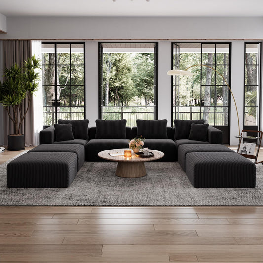 Avenco 141” U-Shaped Modular Sectional Couch Sofa with 4 Ottomans, Individually Wrapped Coil Support & Corduroy Fabric, Zero Assembly 8-Piece Set for Spacious Living Room, Black