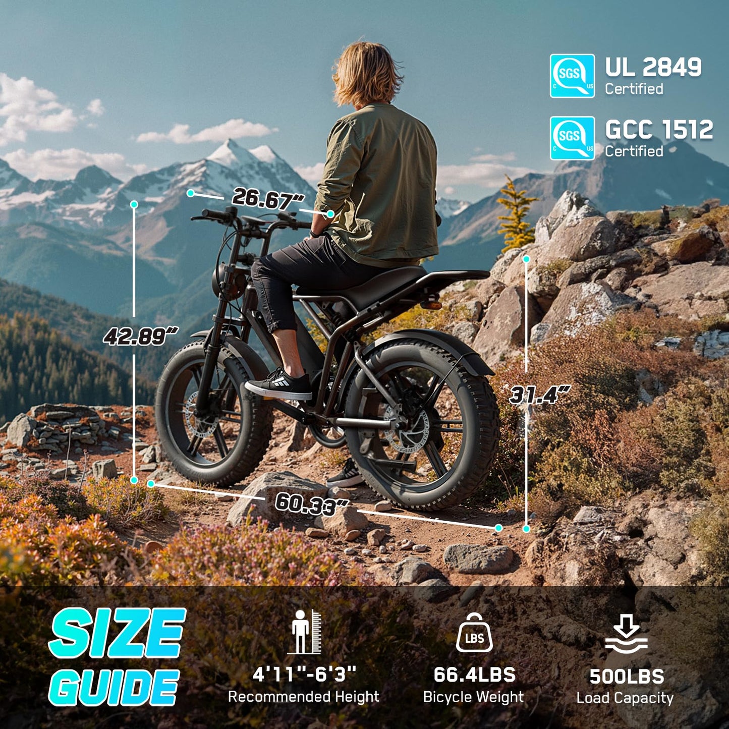 TST Electric Bike for Adults, 1500W Peak Motor 60 Miles Fat Tire E Bike 48V 15Ah Removable Battery 20" Electric Bike with Full Suspension UL 2849 Certification Black