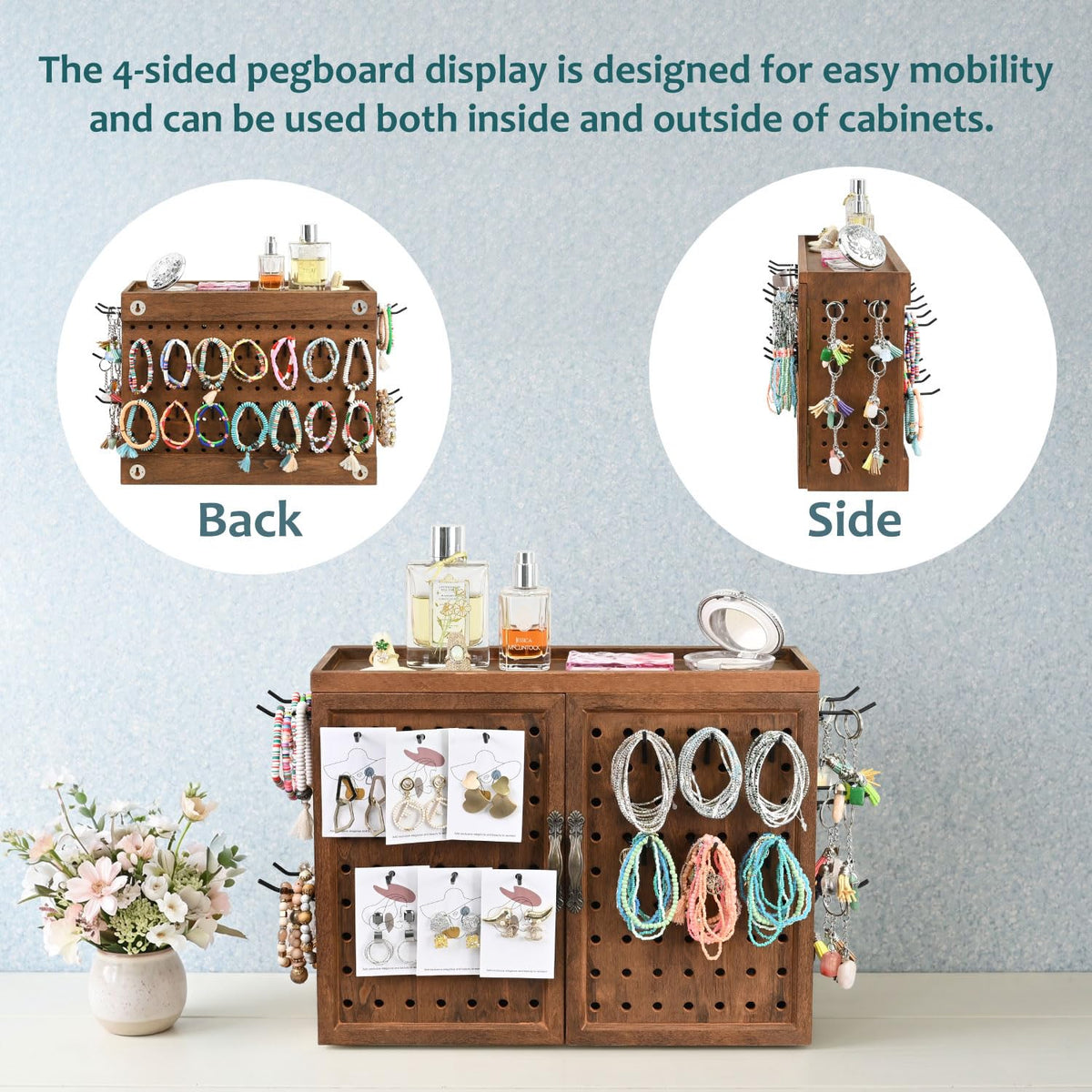 Ikee Design Wooden Pegboard Tool Organizer Box with Doors Wall Mount or Benchtop Jewelry Tool Storage with 40 Hooks & Bur Holders, Workshop Garage Craft Organizer Cabinet, Brown