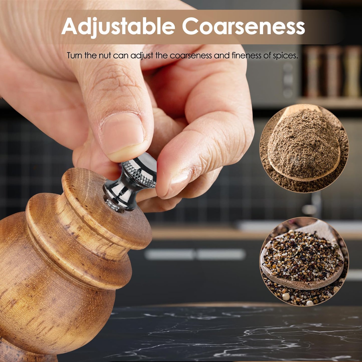 Foyucool Wooden Salt and Pepper Grinder Set with Wooden Tray and Spoon, 8 Inch Manual Salt and Pepper Mill, Adjustable Coarseness, Refillable with Ceramic Core for Spices, Clear Acrylic Chamber